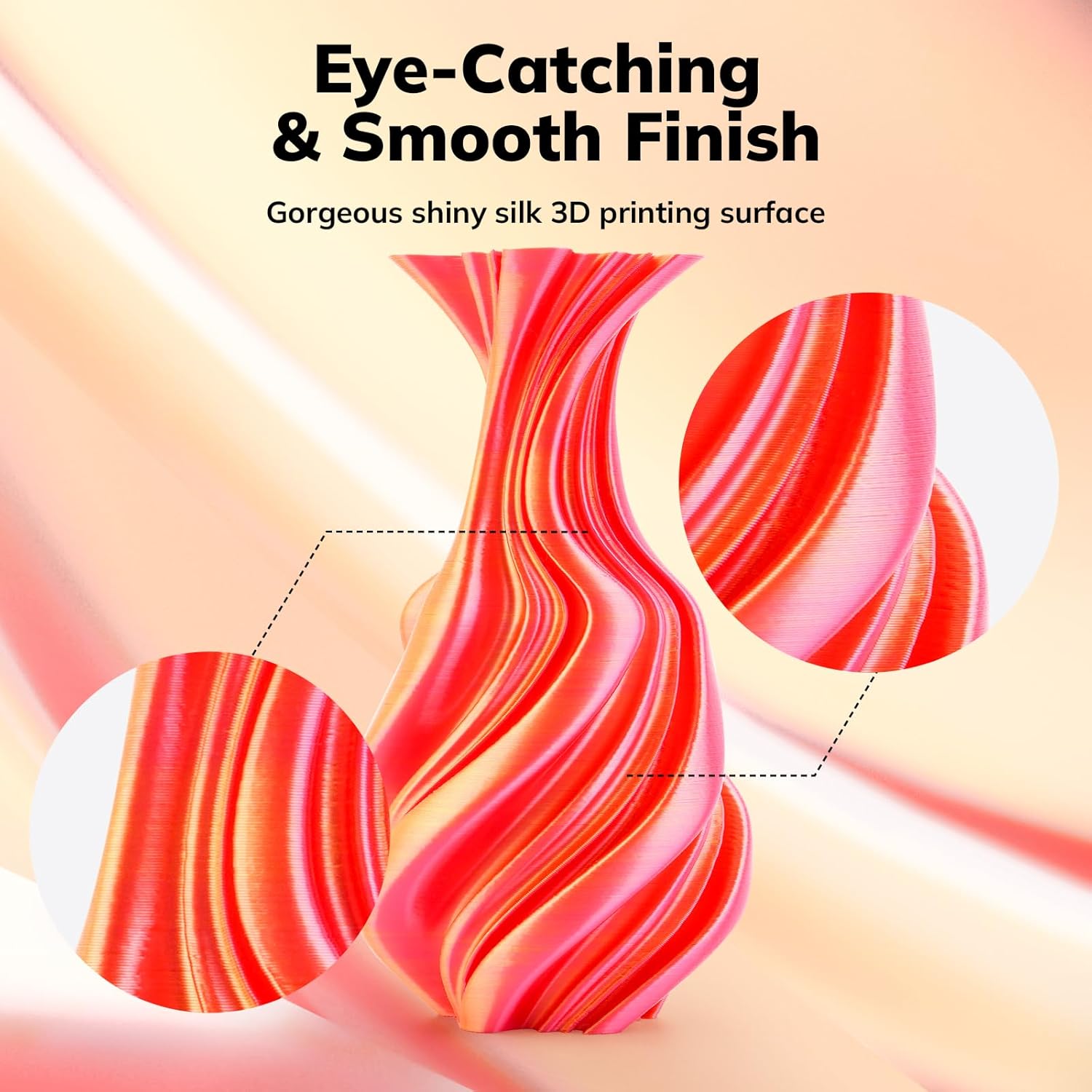Amolen silk PLA filament 3D printed vase showing eye-catching and smooth finish, red-gold color variations