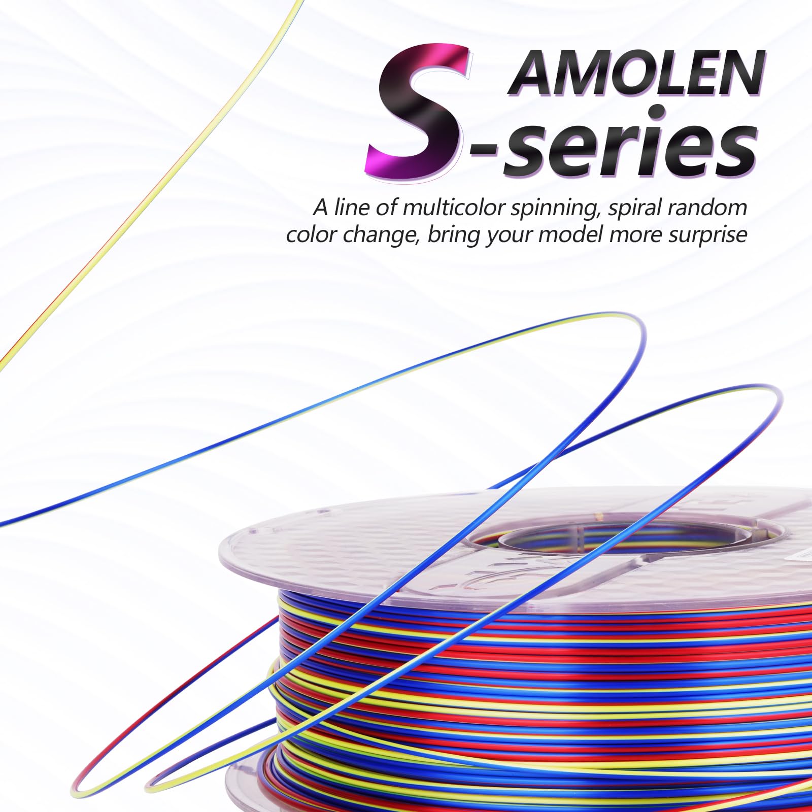 Amolen PLA Silk S-Series Filament, multicolor spiral color change, 1.75mm, for 3D printing.