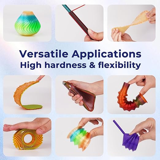 TPU Multicolor Rainbow Filament demonstrating flexible 3D printing applications and high hardness.