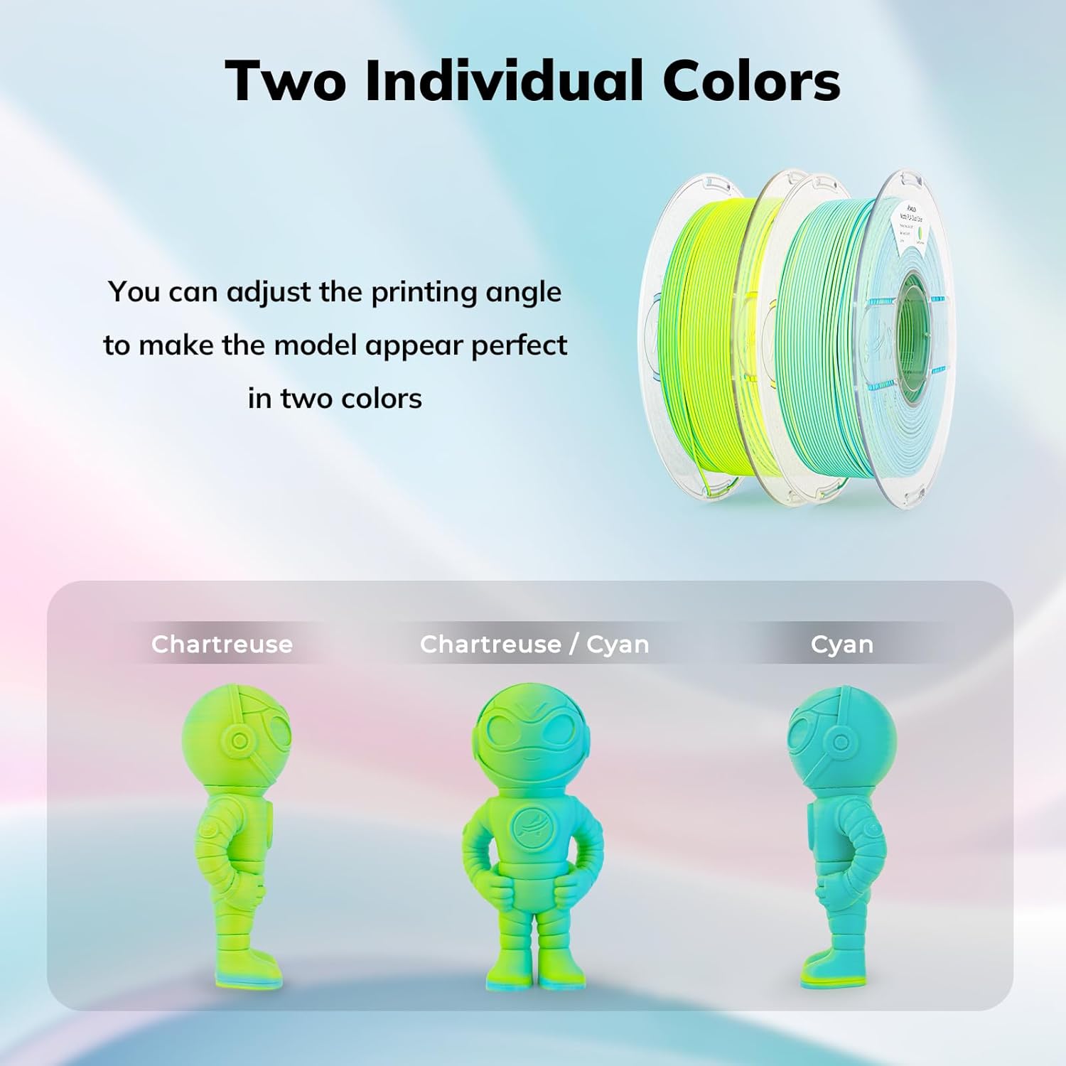 Amolen Matte PLA Dual Color filament, chartreuse/cyan, with 3D printed robot example showcasing dual-color effect.