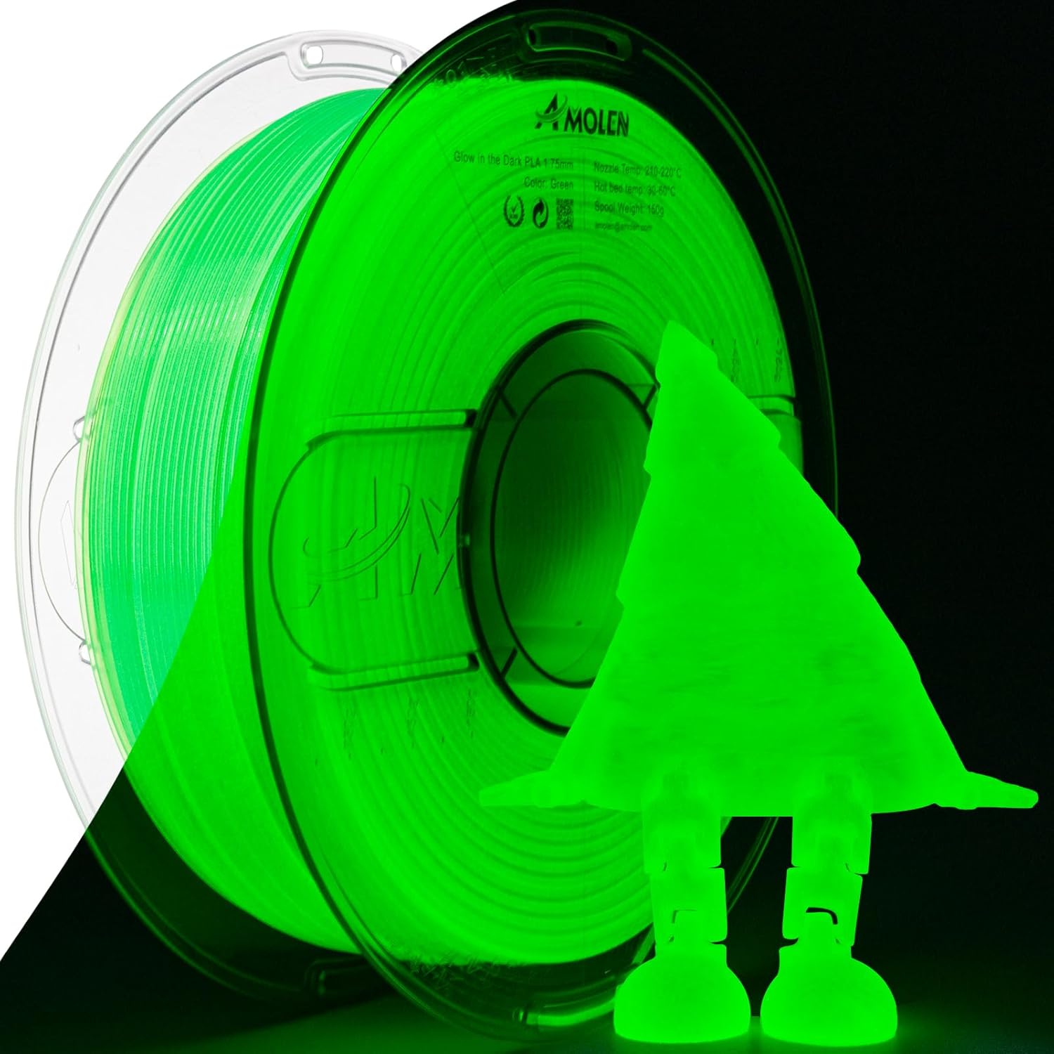 Amolen Green Glow-in-the-Dark PLA filament with a 3D-printed Christmas tree model; perfect for glowing projects.