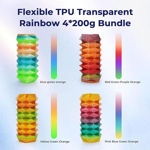 Flexible TPU Transparent Rainbow Filament 4x200g Bundle in various color gradients for 3D printing.