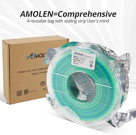 Amolen transparent PLA filament spool, transparent blue green gradient, eco-friendly packaging.