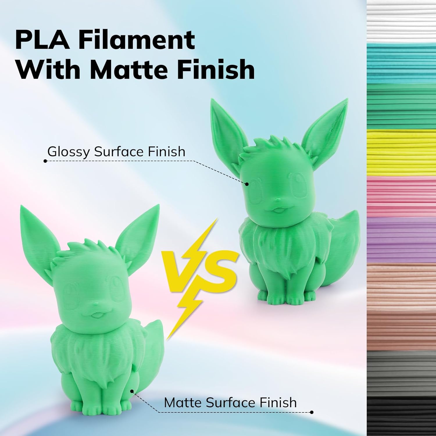 PLA Matte filament comparison: 3D printed Eevee models showcasing glossy vs matte surface finishes.