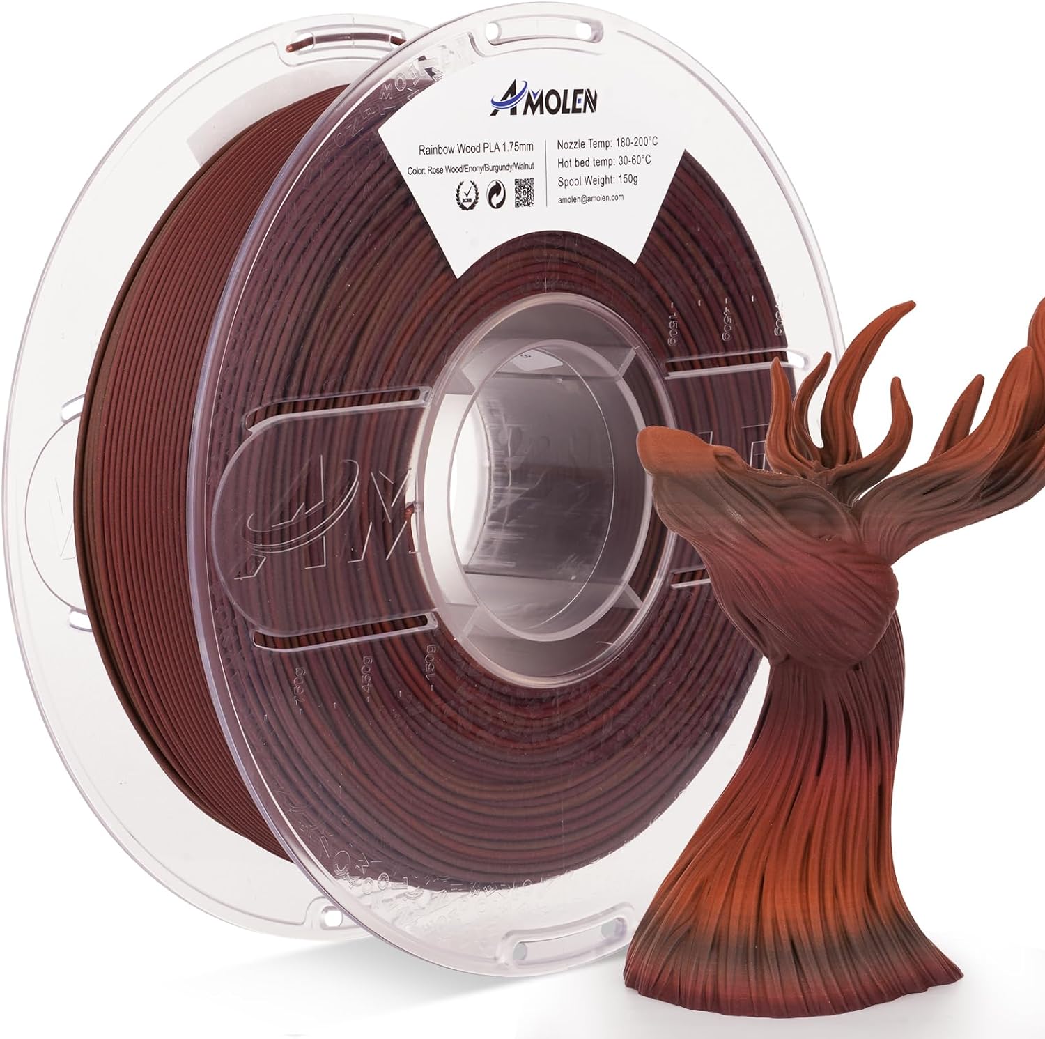 Amolen Rainbow Wood PLA 1.75mm filament spool with a 3D printed deer head, Rose Wood color.