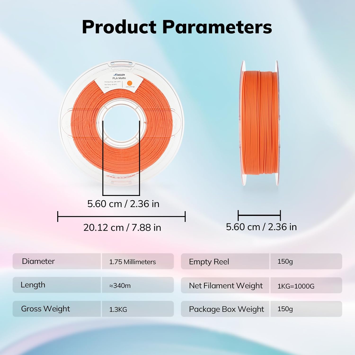 Amolen PLA Matte Filament in Sunny Orange, product parameters displayed, 1.75mm, 1KG spool