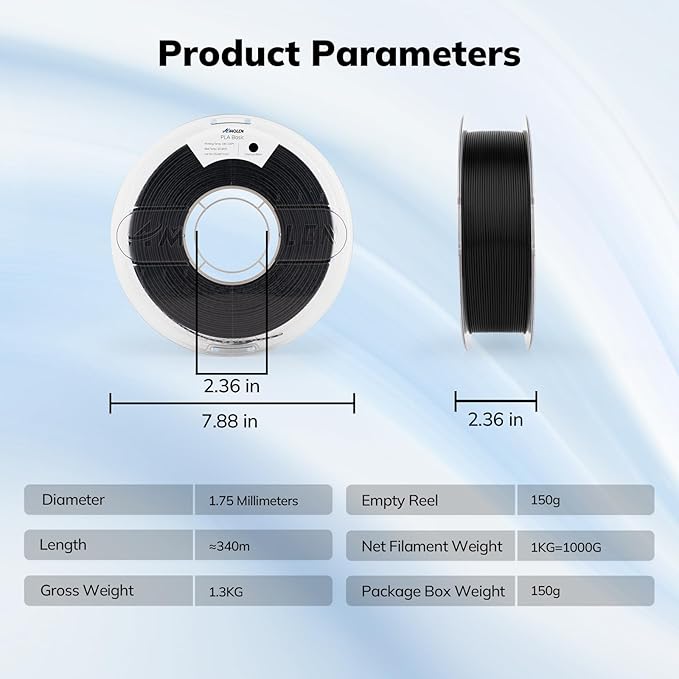 Amolen Black PLA Basic 1.75mm filament spool, product parameters, detailed specifications for 3D printing projects.