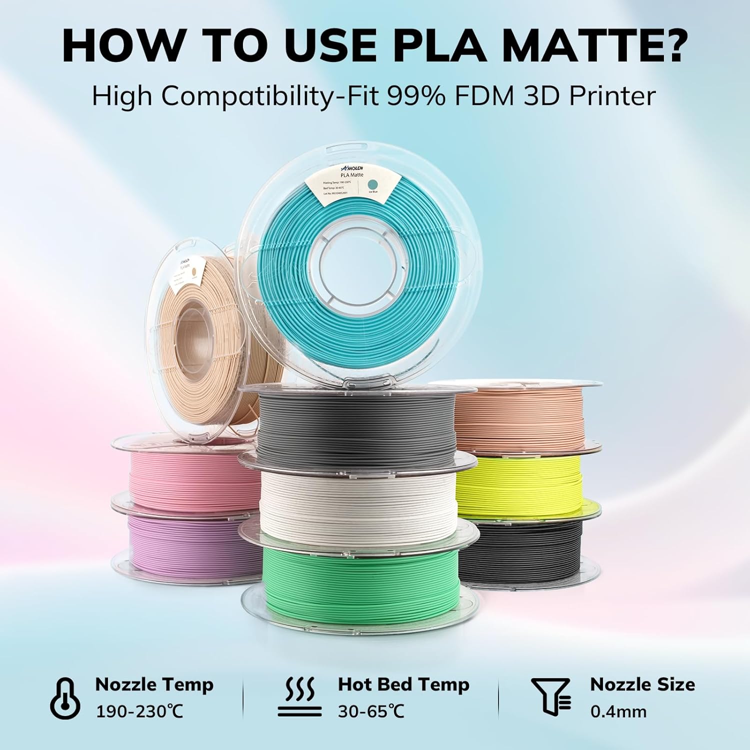 Amolen PLA Matte filaments in various colors, showcasing compatibility with FDM 3D printers and printing temperatures.