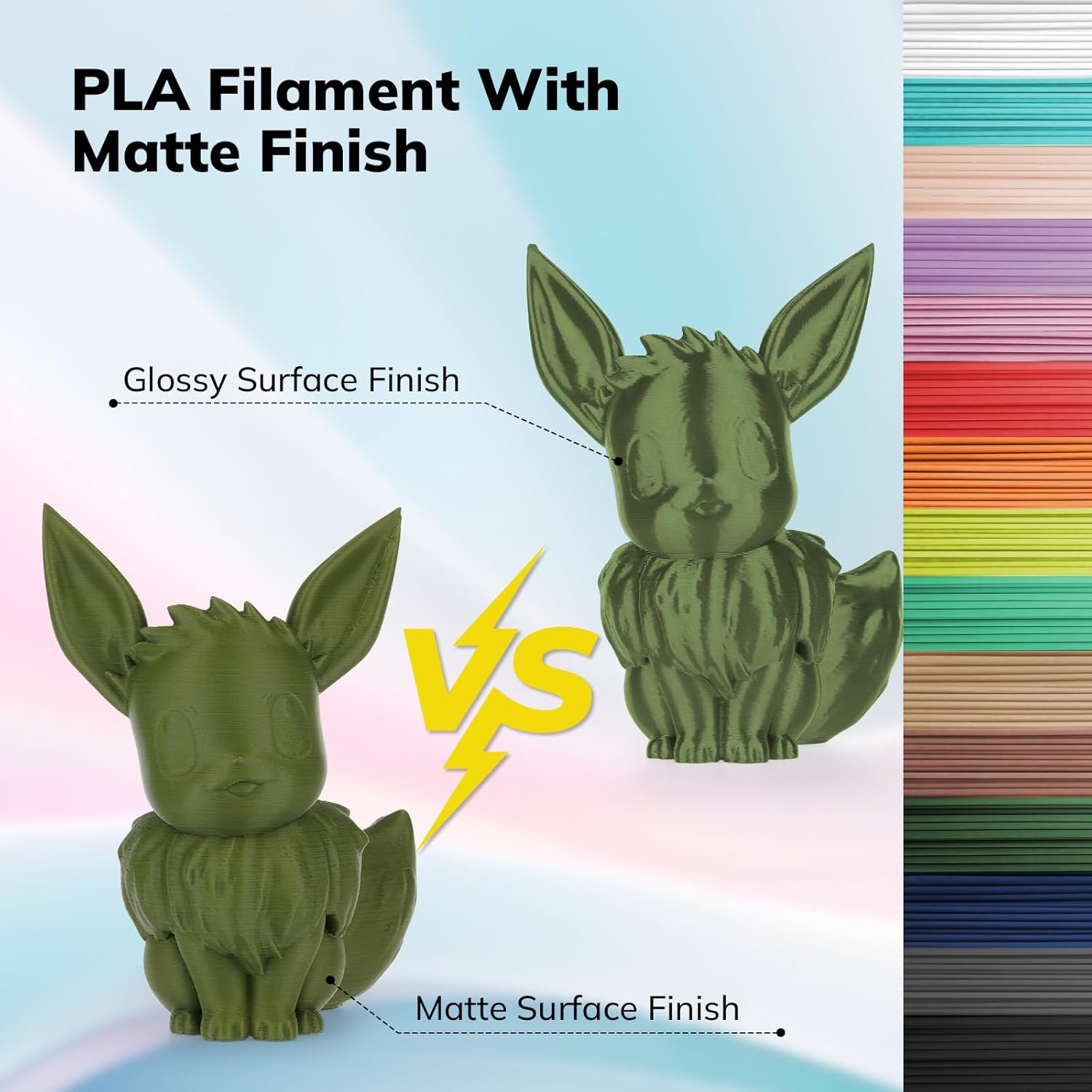 Olive Green PLA Matte Filament, Eevee 3D printed models, comparison of glossy vs matte finish. Color options available.