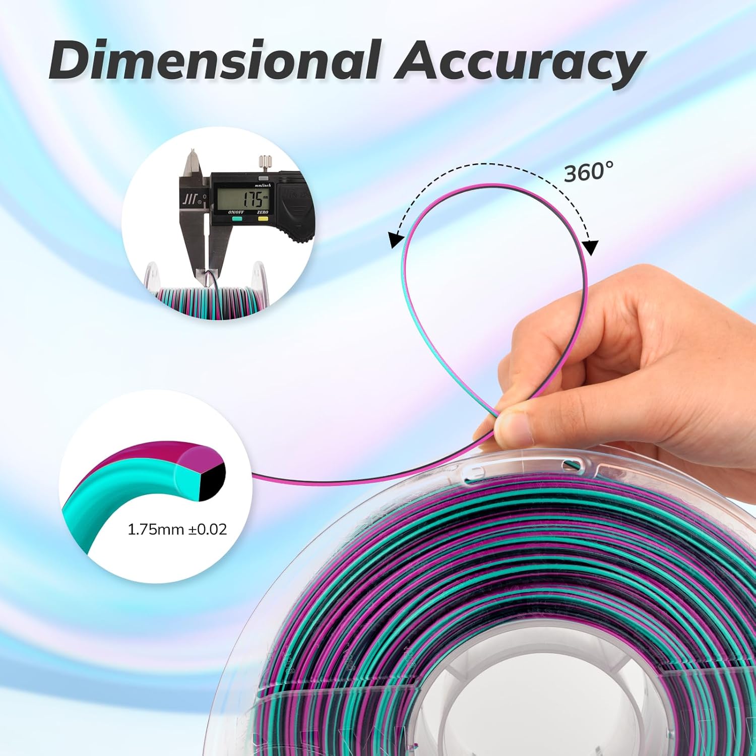 Amolen PLA Silk S-Series Filament 1.75mm with dimensional accuracy, featuring black, turquoise, and magenta colors.