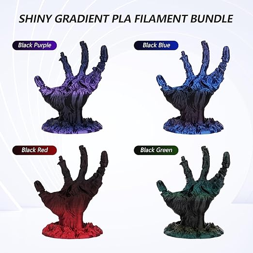 Shiny Gradient PLA Filament Bundle with 3D printed hand models in black-purple, blue, red, and green colors