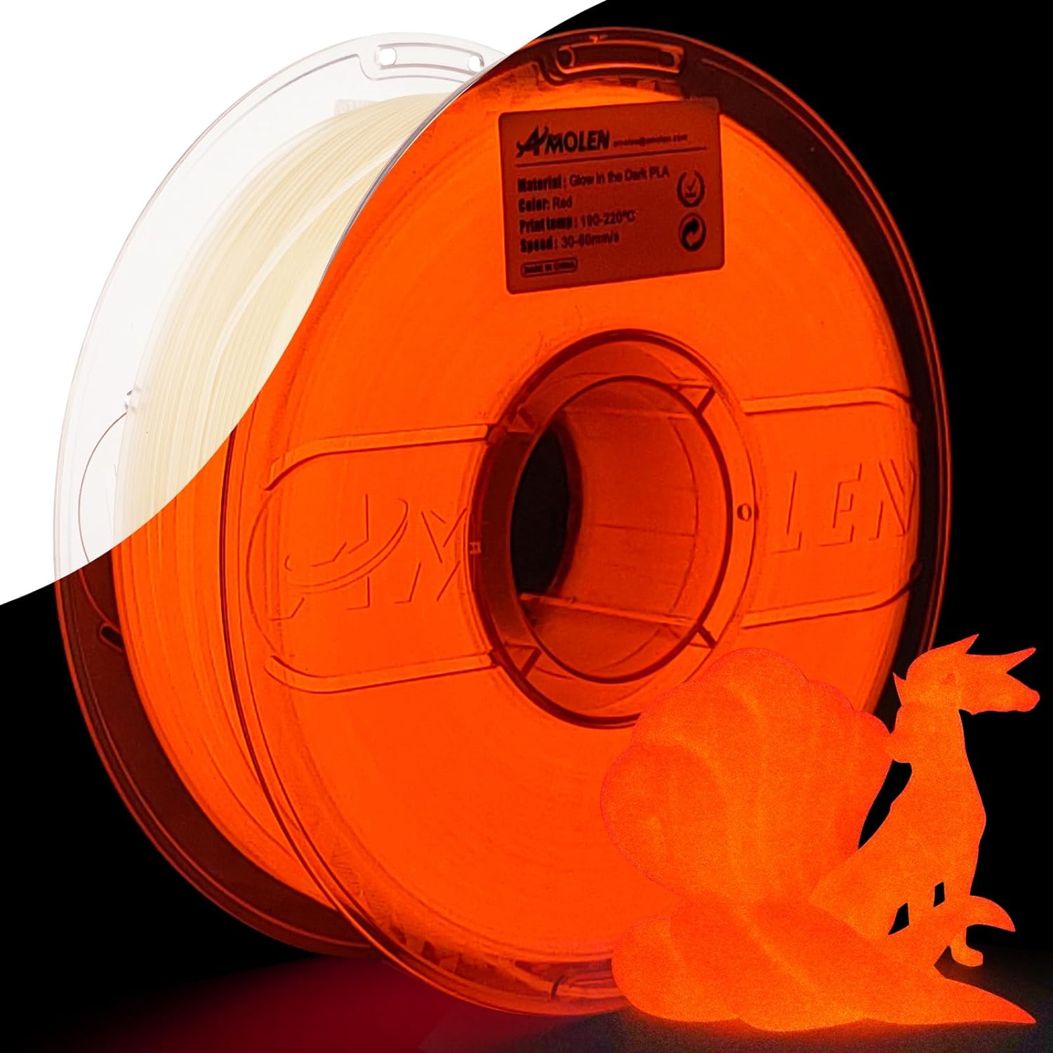Amolen Glow in the Dark Red PLA filament spool and 3D-printed fox model; ideal for 3D printing glowing projects