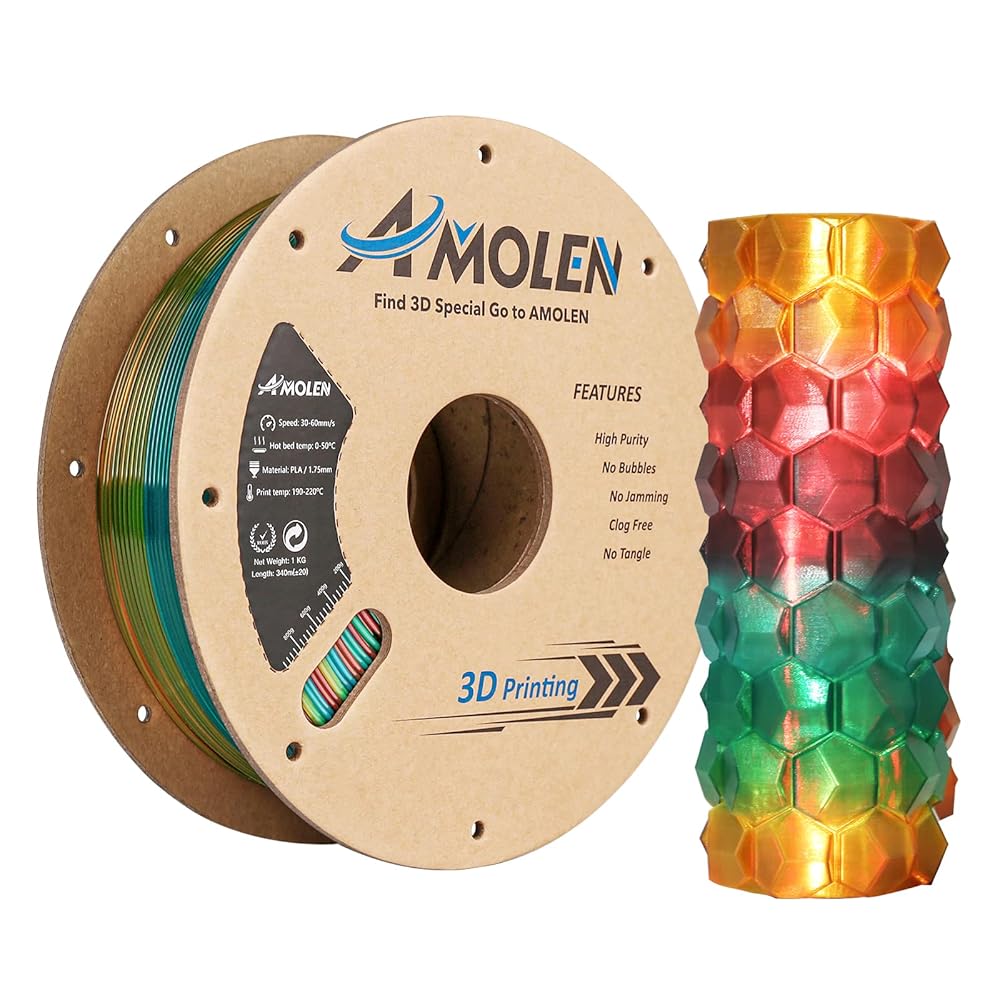 Transparent PLA filament spool and 3D printed vase. Amolen 1.75mm, gradient color, eco-friendly, for 3D printing.