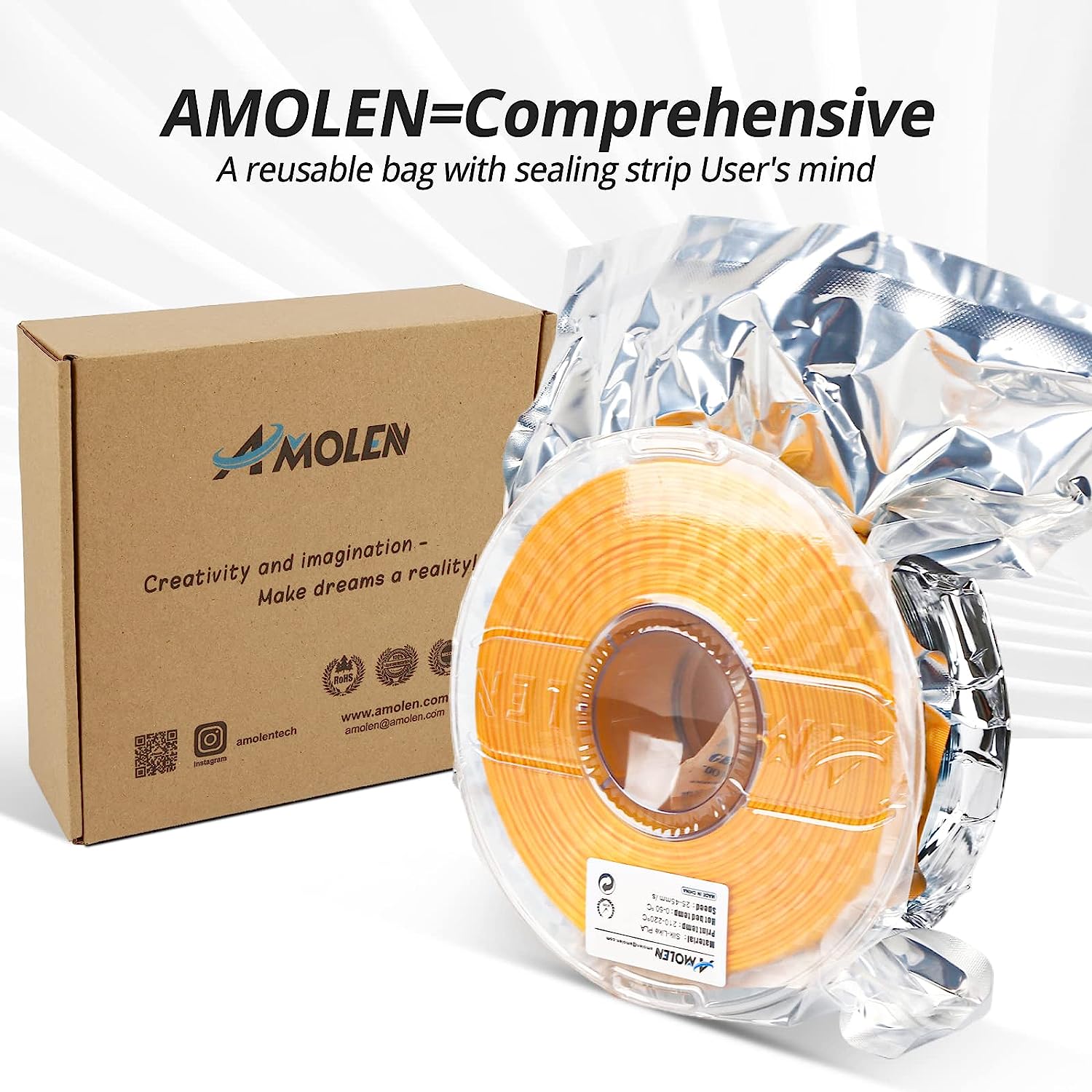 Amolen PLA Silk filament spool, orange color, vacuum-sealed for 3D printing, packaged with reusable bag