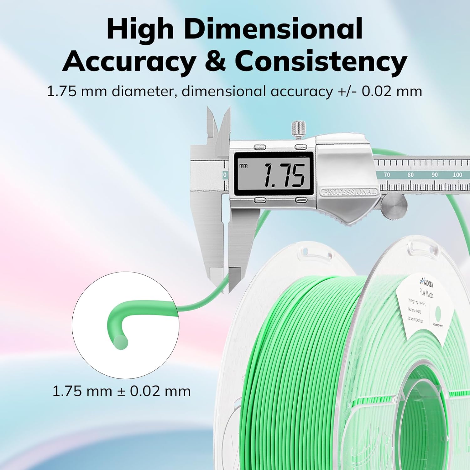 Amolen PLA Matte Wasabi Green 1.75mm filament, showing dimensional accuracy and consistency with a caliper.