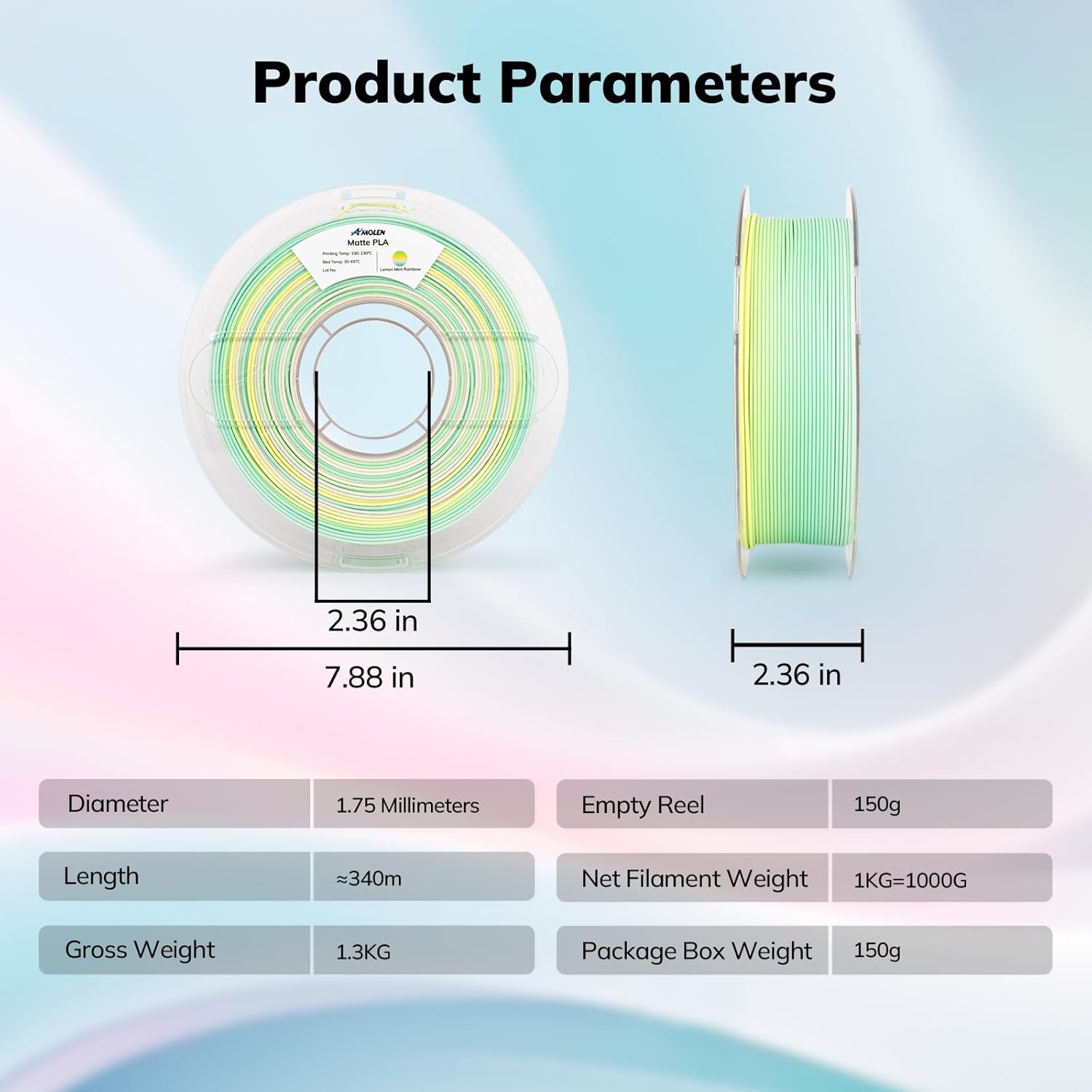 Amolen Matte PLA Lemon Mint Rainbow Filament 1.75mm product parameters, showing dimensions and weight.