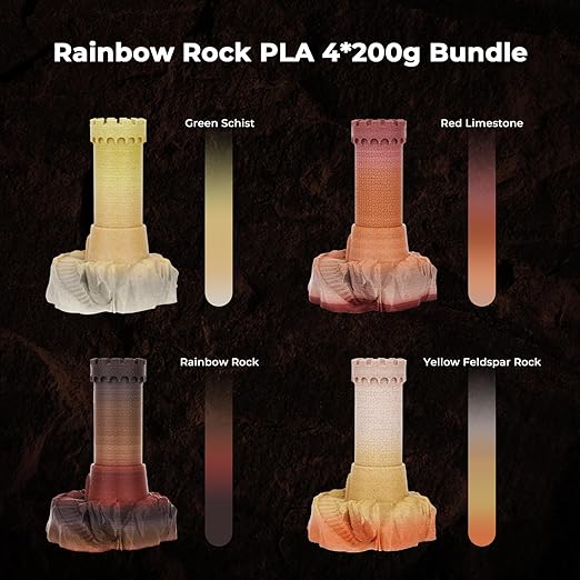 Amolen Rainbow Rock PLA 4*200g Bundle with 3D printed towers showcasing the marble-like texture in different colors.