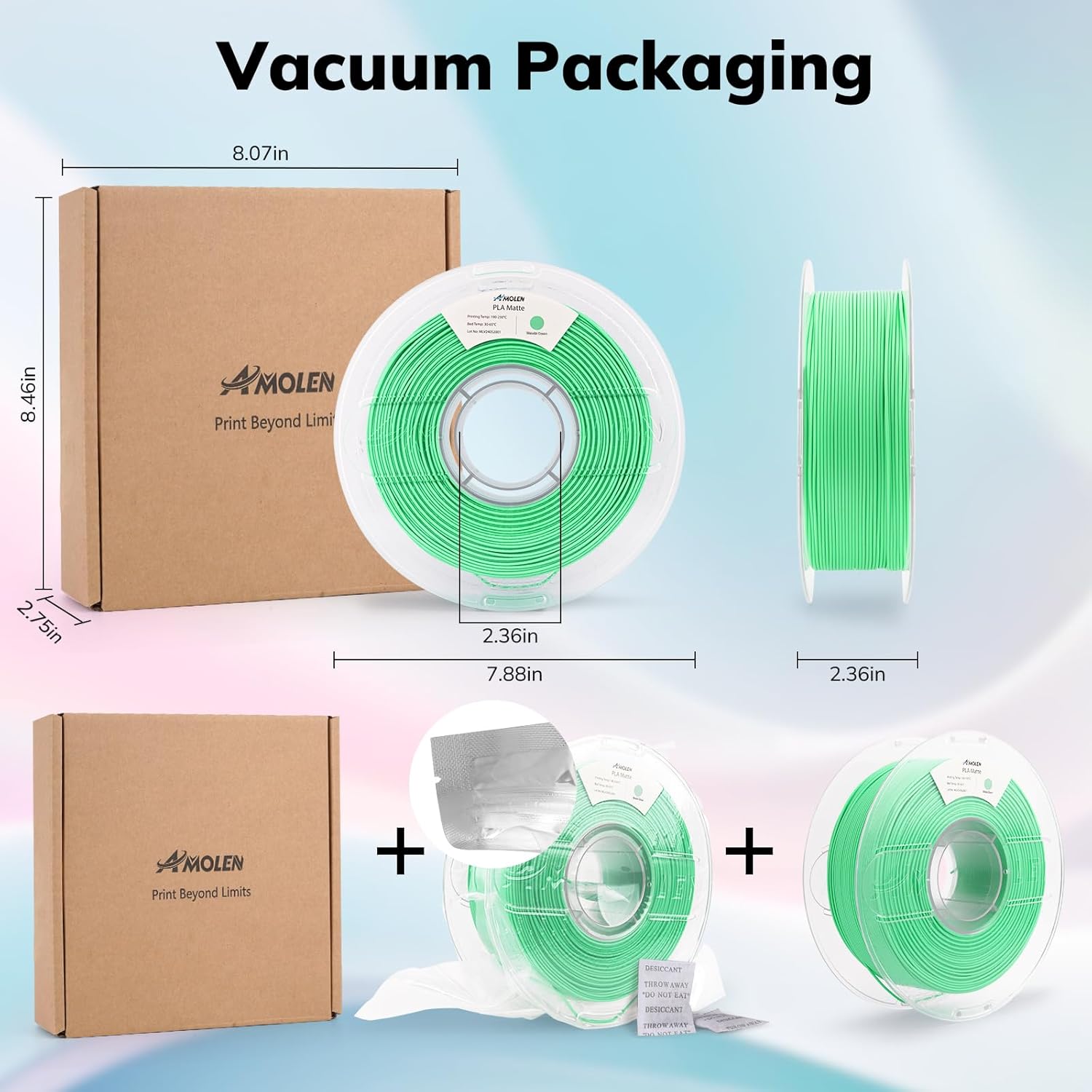 Amolen PLA Matte filament, vacuum-sealed packaging with dimensions for 3D printing, ensuring optimal material quality.