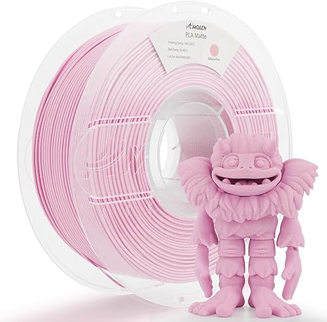 Amolen PLA Matte Sakura Pink filament spool with 3D printed monster model, perfect for 3D printing projects.