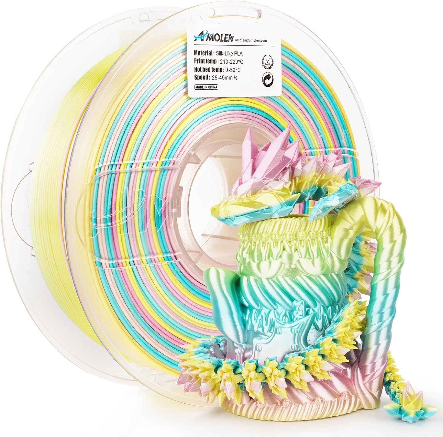 Amolen PLA Silk Rainbow filament spool with 3D-printed model, vibrant color gradient