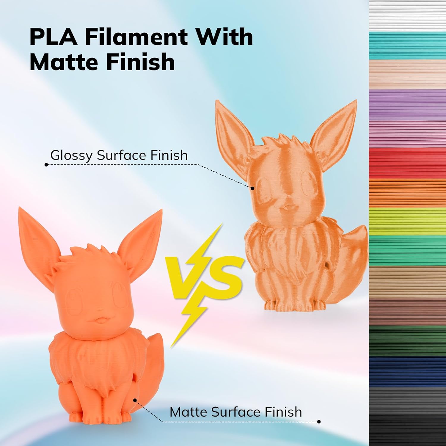 Amolen PLA Matte Filament comparison with Glossy finish, showcasing orange 3D-printed Eevee models, 1.75mm filaments