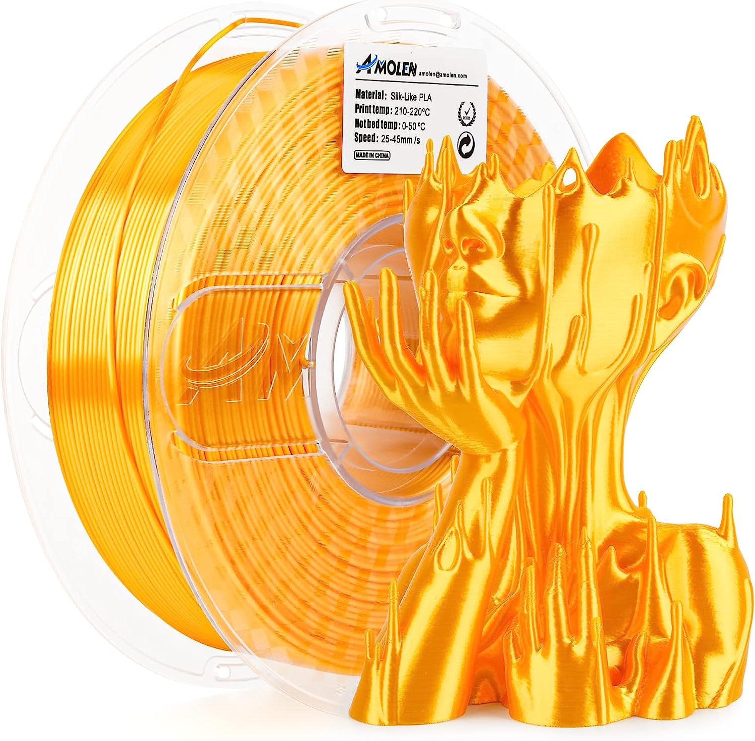 Amolen Silk-Like PLA filament and 3D-printed sculpture, smooth shiny finish. The label Material: Silk-Like PLA