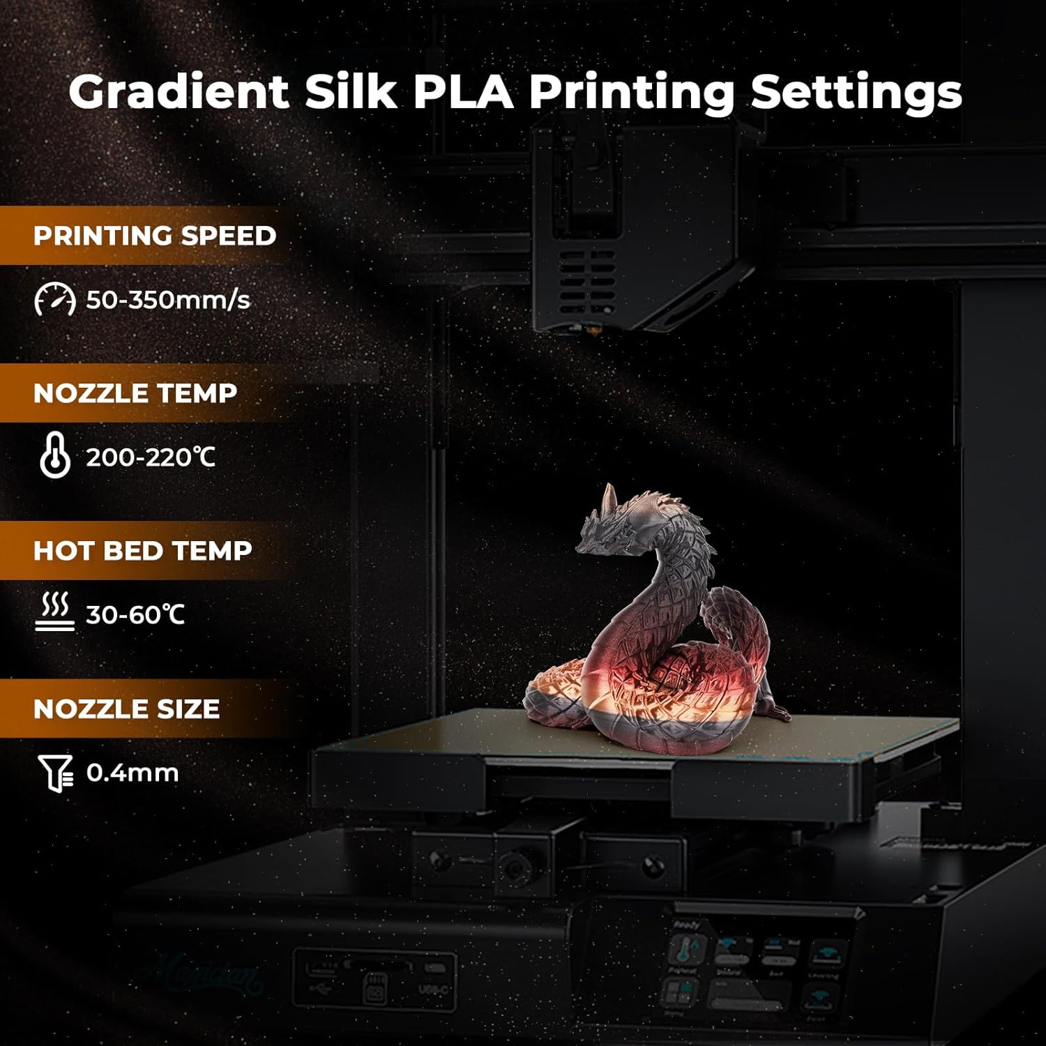 Gradient Silk PLA Printing Settings for 3D printing - speed, temperature and nozzle size recommendations