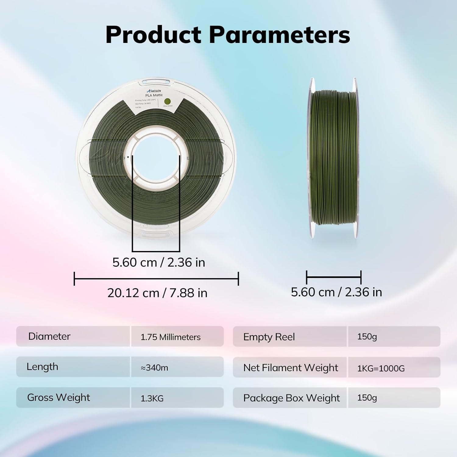 Amolen Olive Green PLA Matte Filament product parameters: 1.75mm diameter, 12kg spool, perfect for 3D printing.