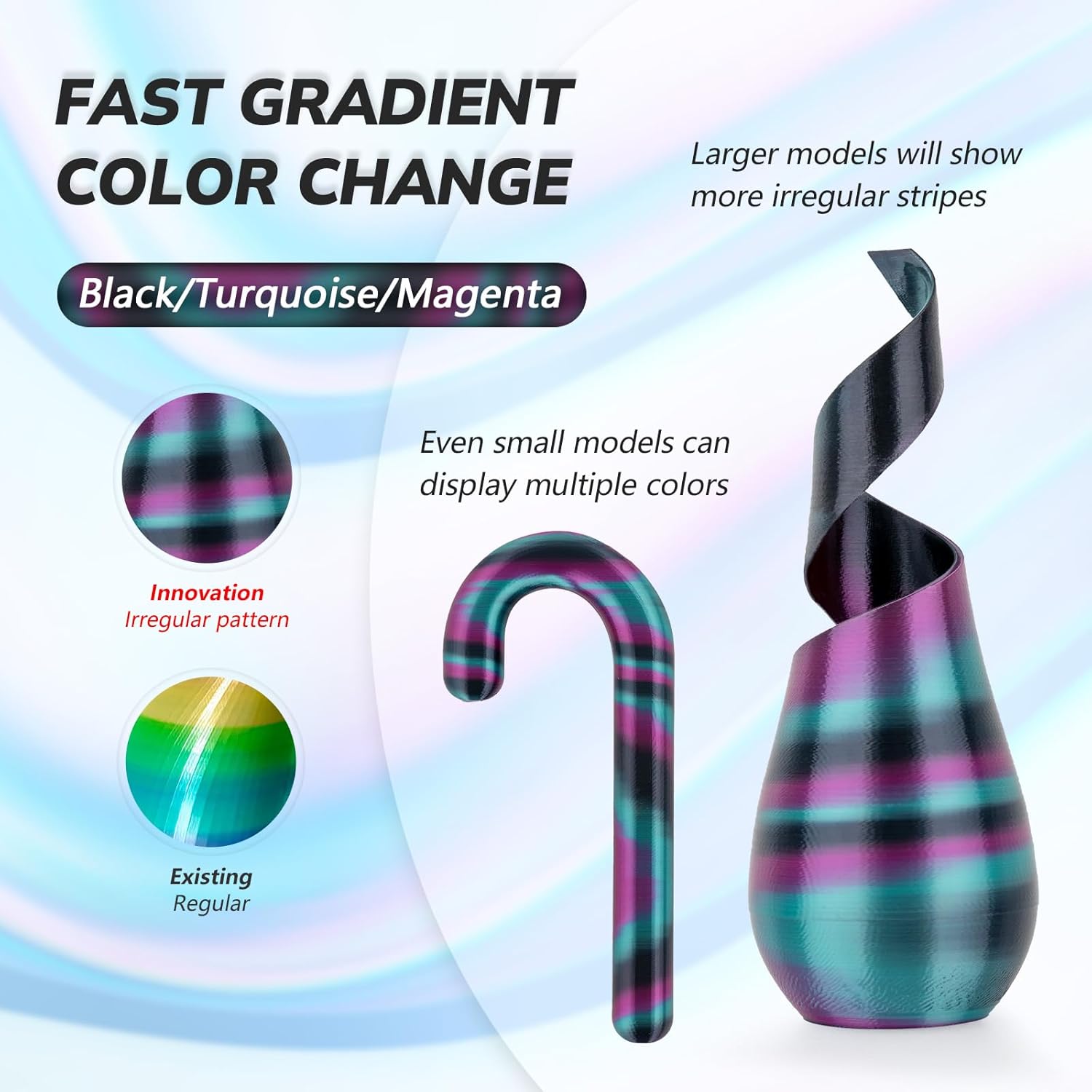 Amolen PLA Silk S-Series Filament showcasing color gradient: Black, Turquoise, and Magenta 3D printing filament.