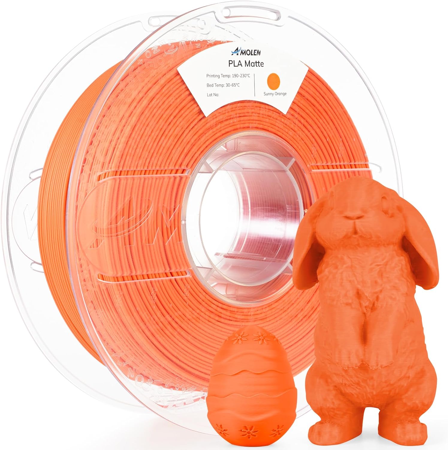 Amolen PLA Matte filament in Sunny Orange, 1.75mm, shown with 3D-printed bunny and egg examples.