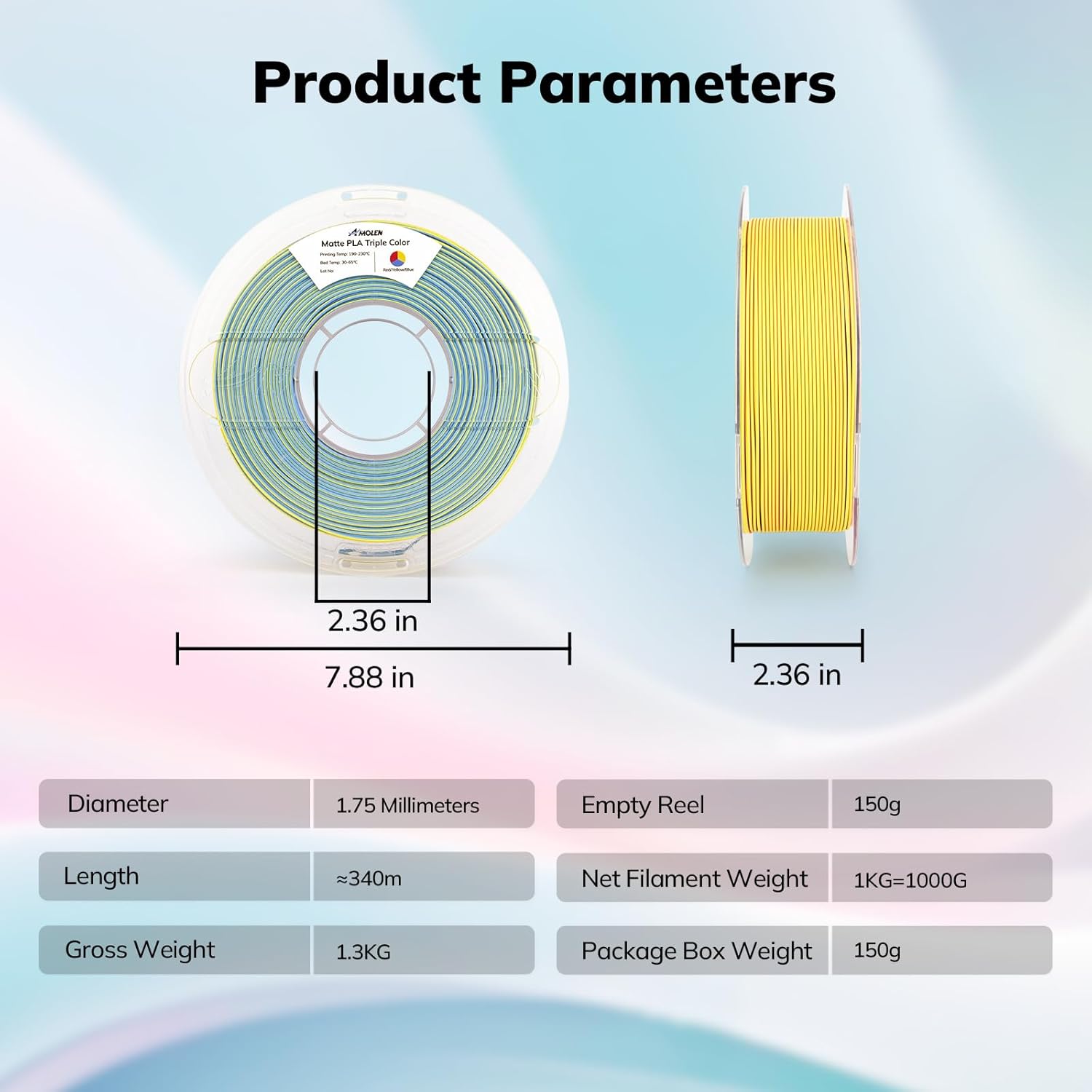 Amolen Matte PLA Triple Color filament 1.75mm, 1KG, product parameters, showcasing color transition and dimensions.