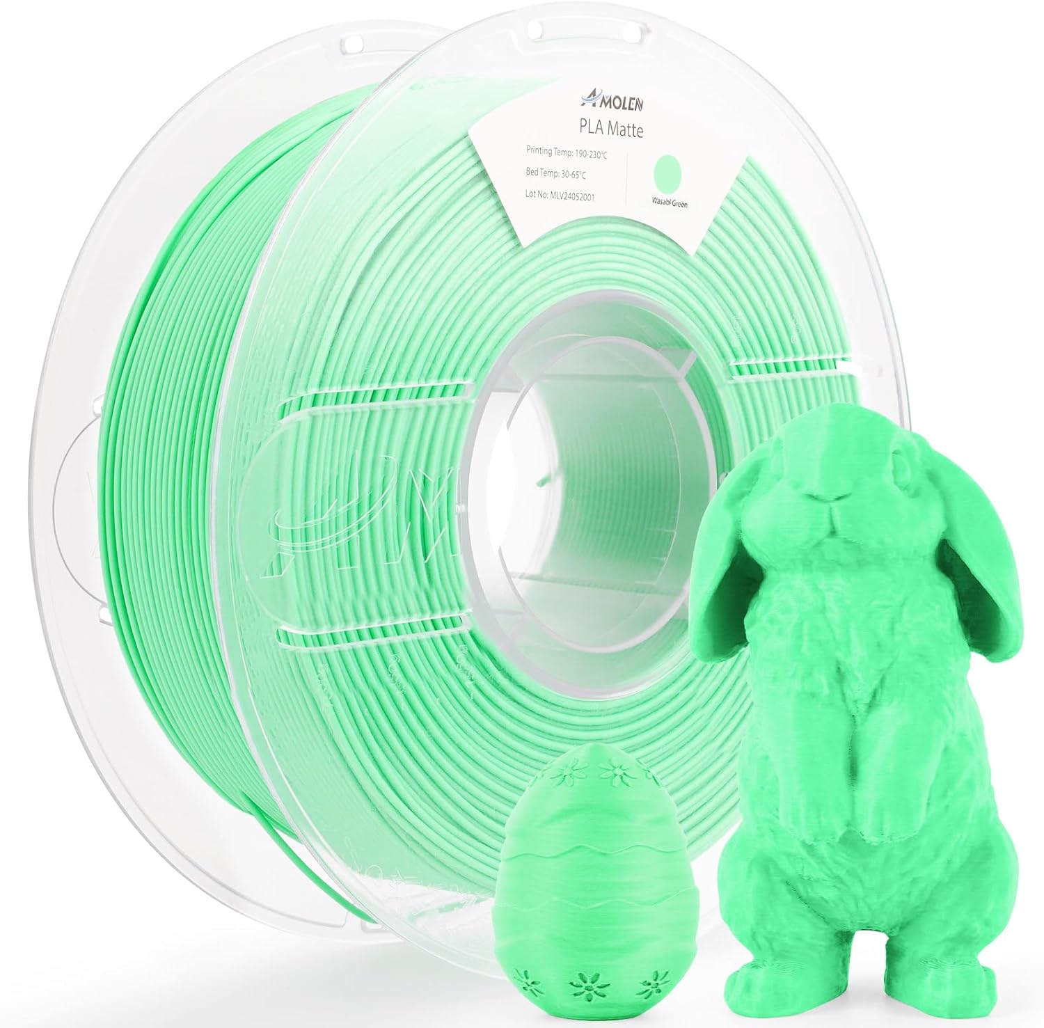 Amolen PLA Matte Wasabi Green filament spool with bunny and egg models, perfect for 3D printing projects.