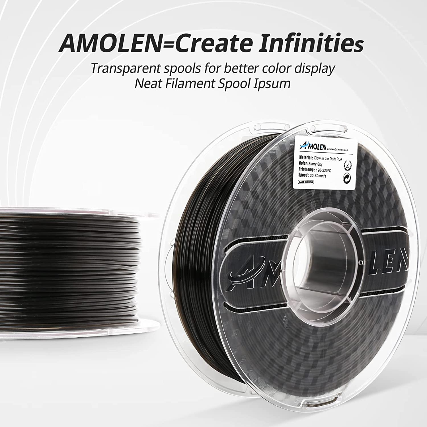 Amolen Glow in the Dark PLA filament spool in Starry Sky color, for 3D printing