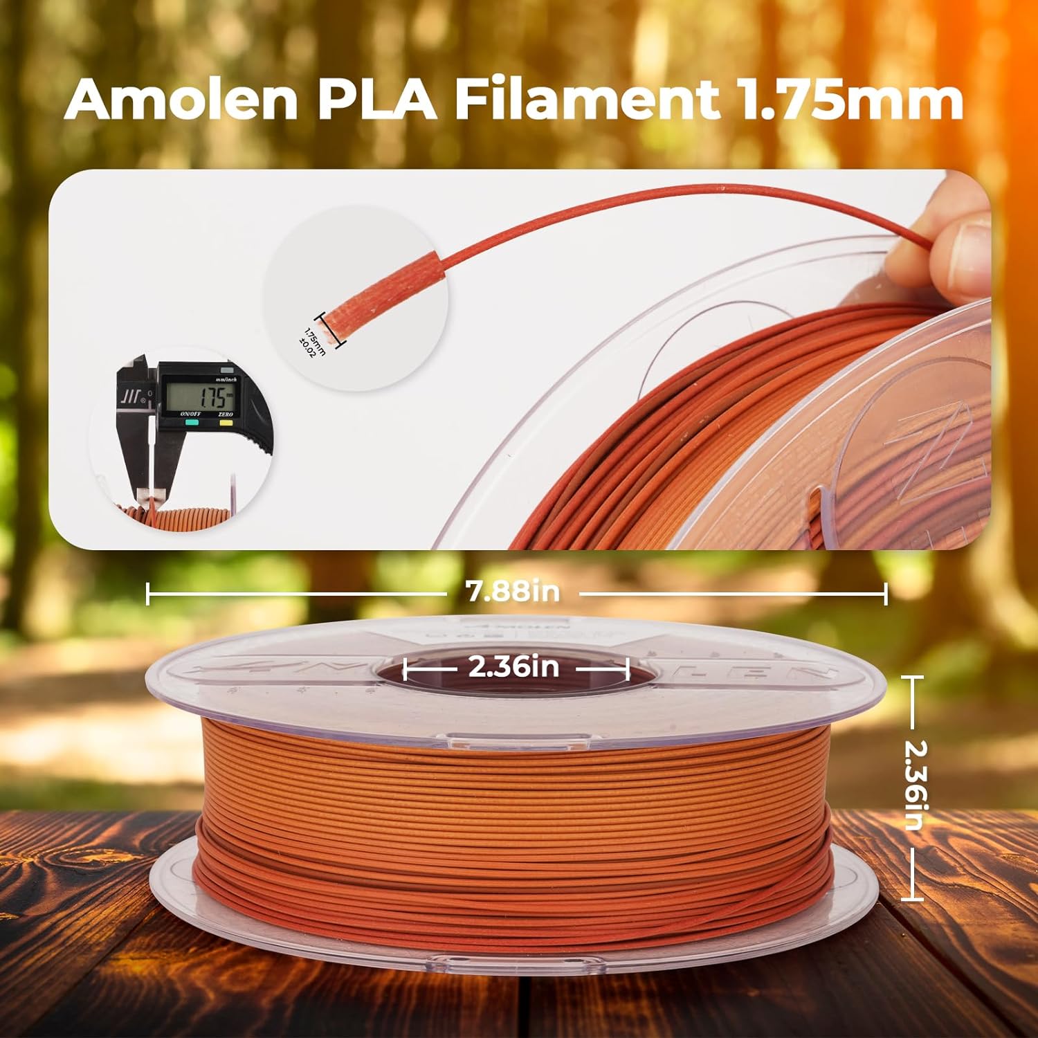 Amolen Wood PLA Filament 1.75mm spool, wood texture filament with dimensions and caliper measurement for 3D printing