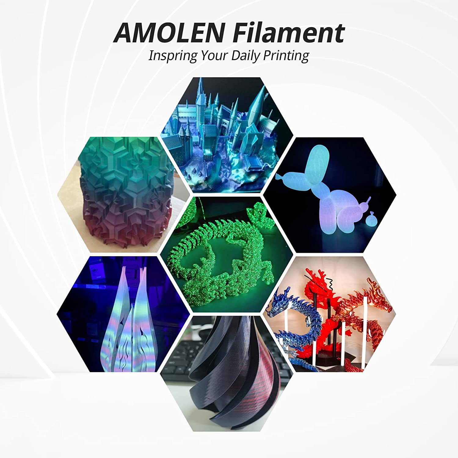 Amolen PLA Glow in the Dark Filament showcasing colorful 3D prints like a dragon and a vase, glowing vividly.