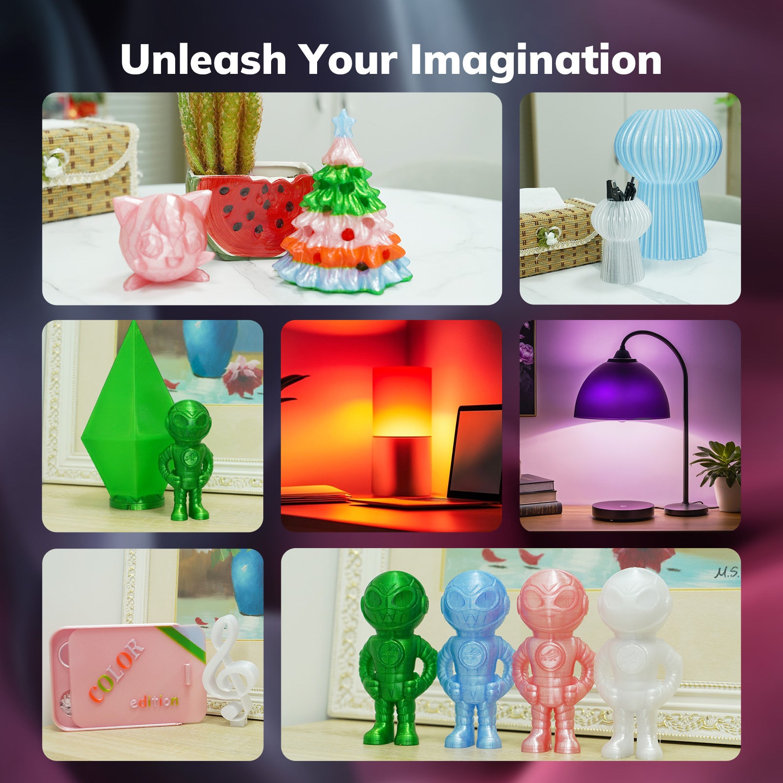 Amolen PETG transparent filaments showcasing vibrant 3D prints: Christmas tree, pig, and alien figurines
