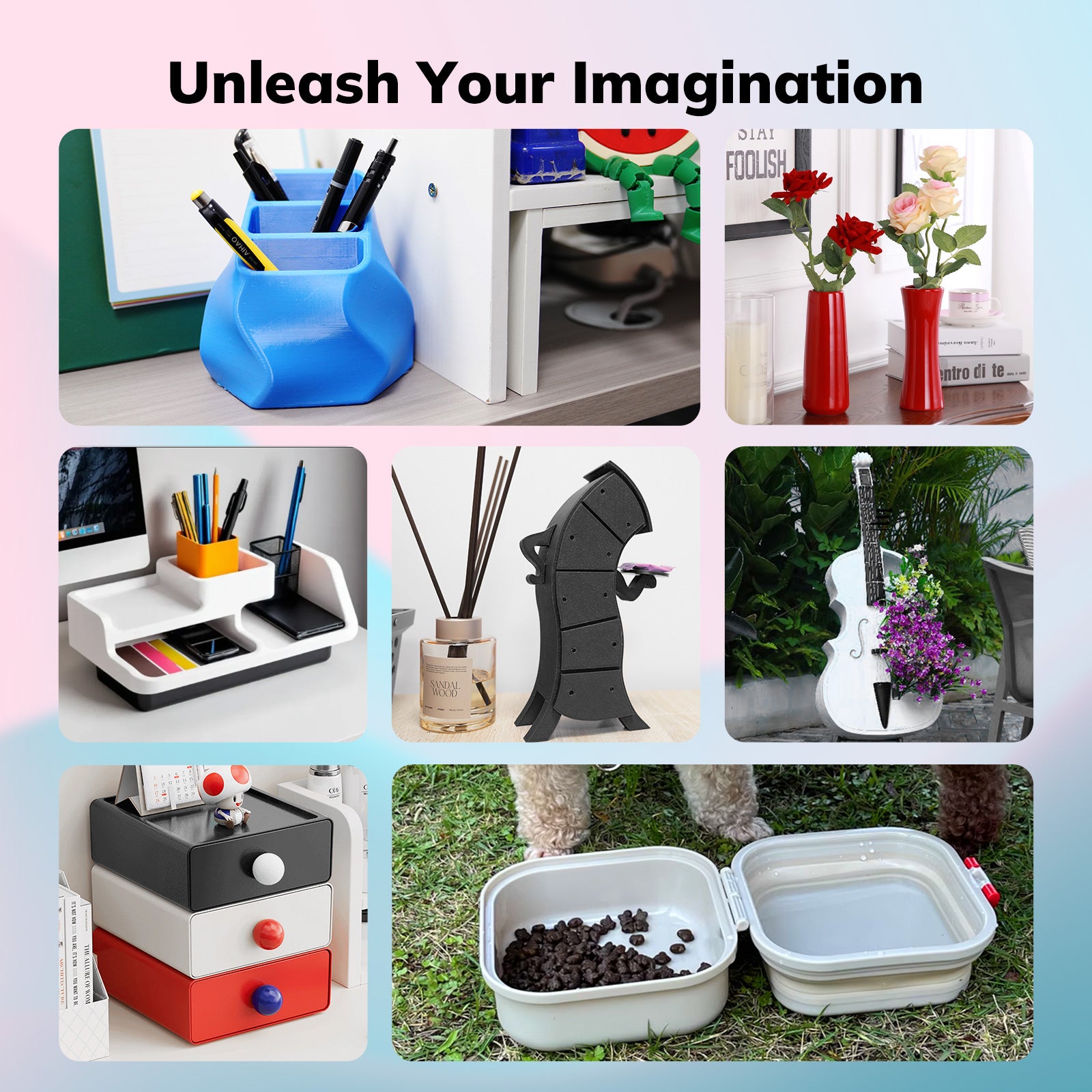 Unleash Your Imagination. 3D printed desk organizers and decor, including a blue pen holder and violin-shaped planter.