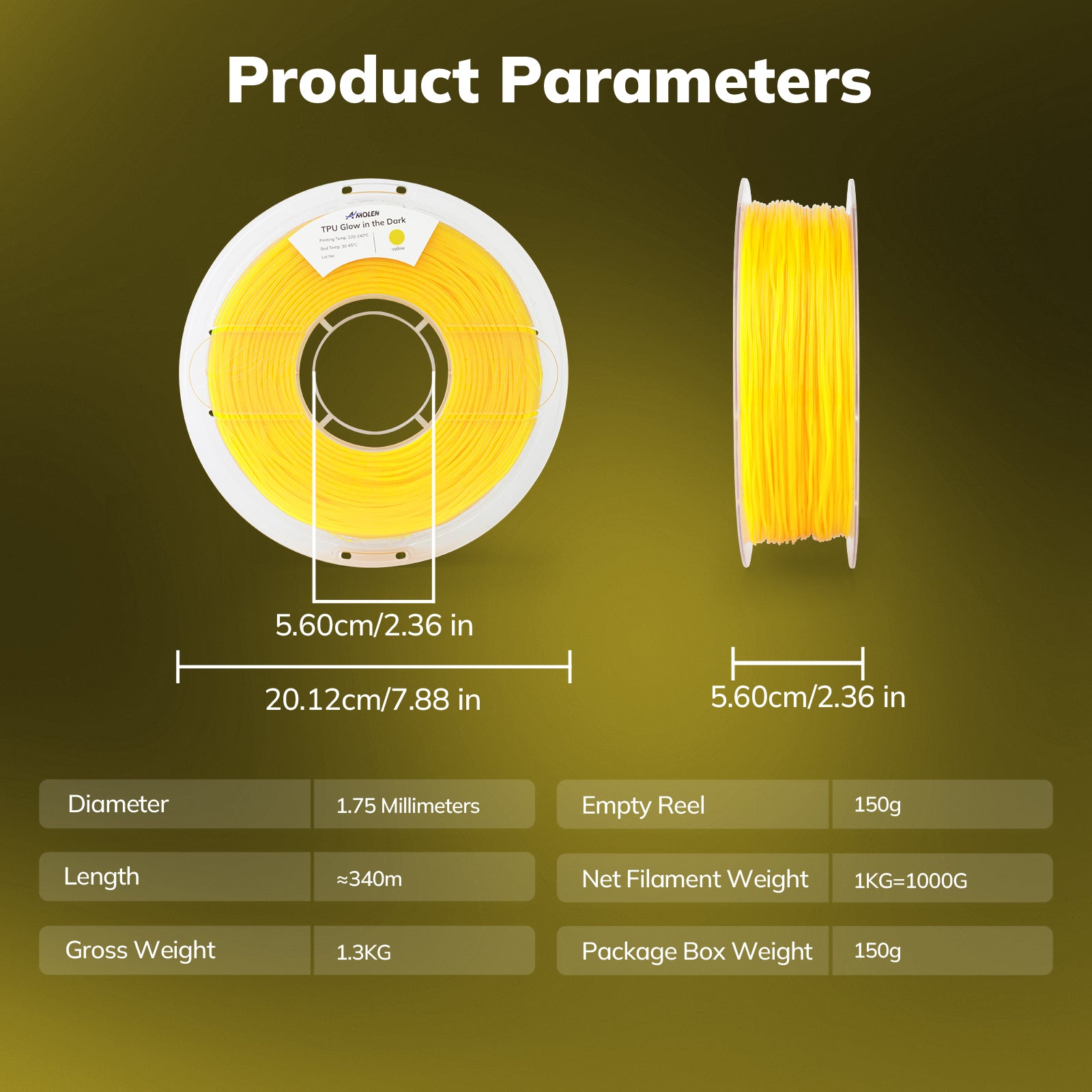 Amolen Yellow Glow-in-the-Dark TPU Filament 1.75mm spool with product parameters: diameter, length, weight, and dimensions.