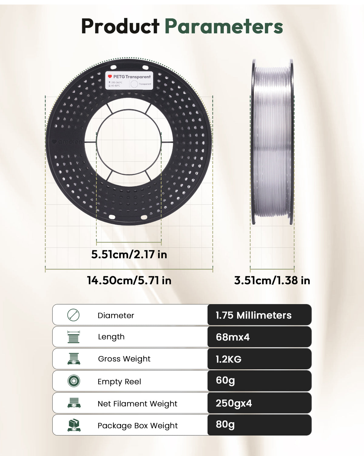 PETG Transparent 1.75mm,2KG/4.4LB