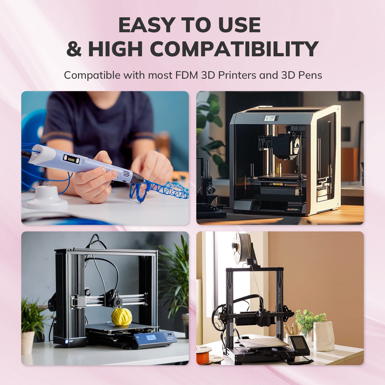PLA filament compatibility with 3D printers and pens; Easy to Use & High Compatibility text.