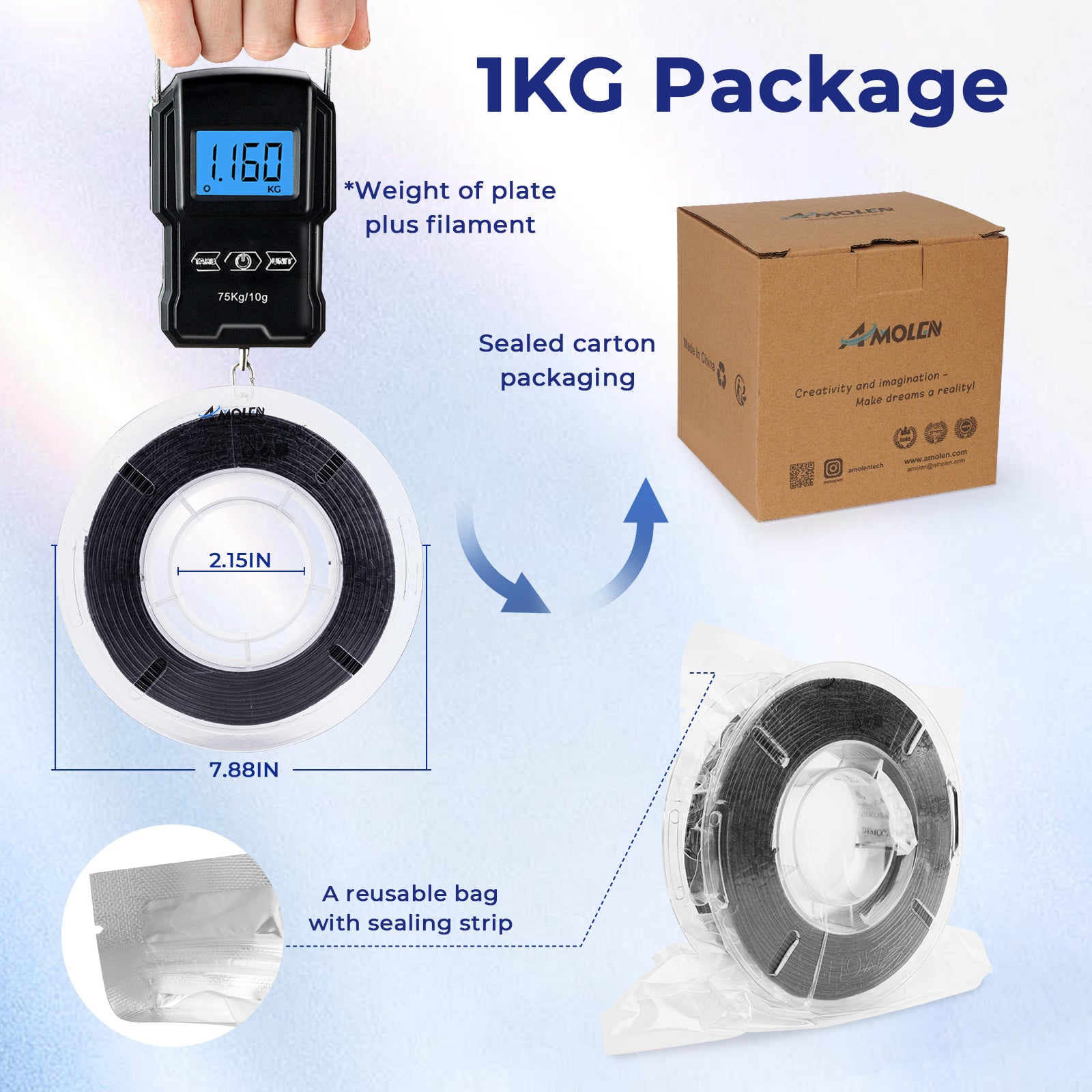 Amolen 1KG black TPU filament package, showing spool weight, dimensions, sealed packaging, and reusable bag.