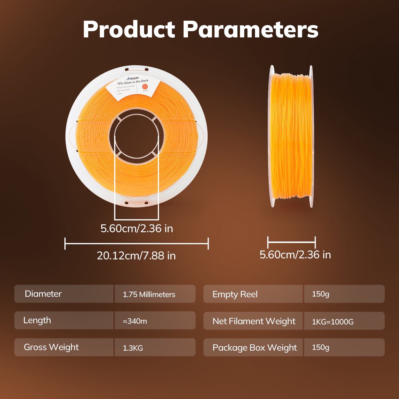 Amolen Orange TPU Glow-in-the-Dark Filament product details: 1.75mm, 340m, and printing parameters.