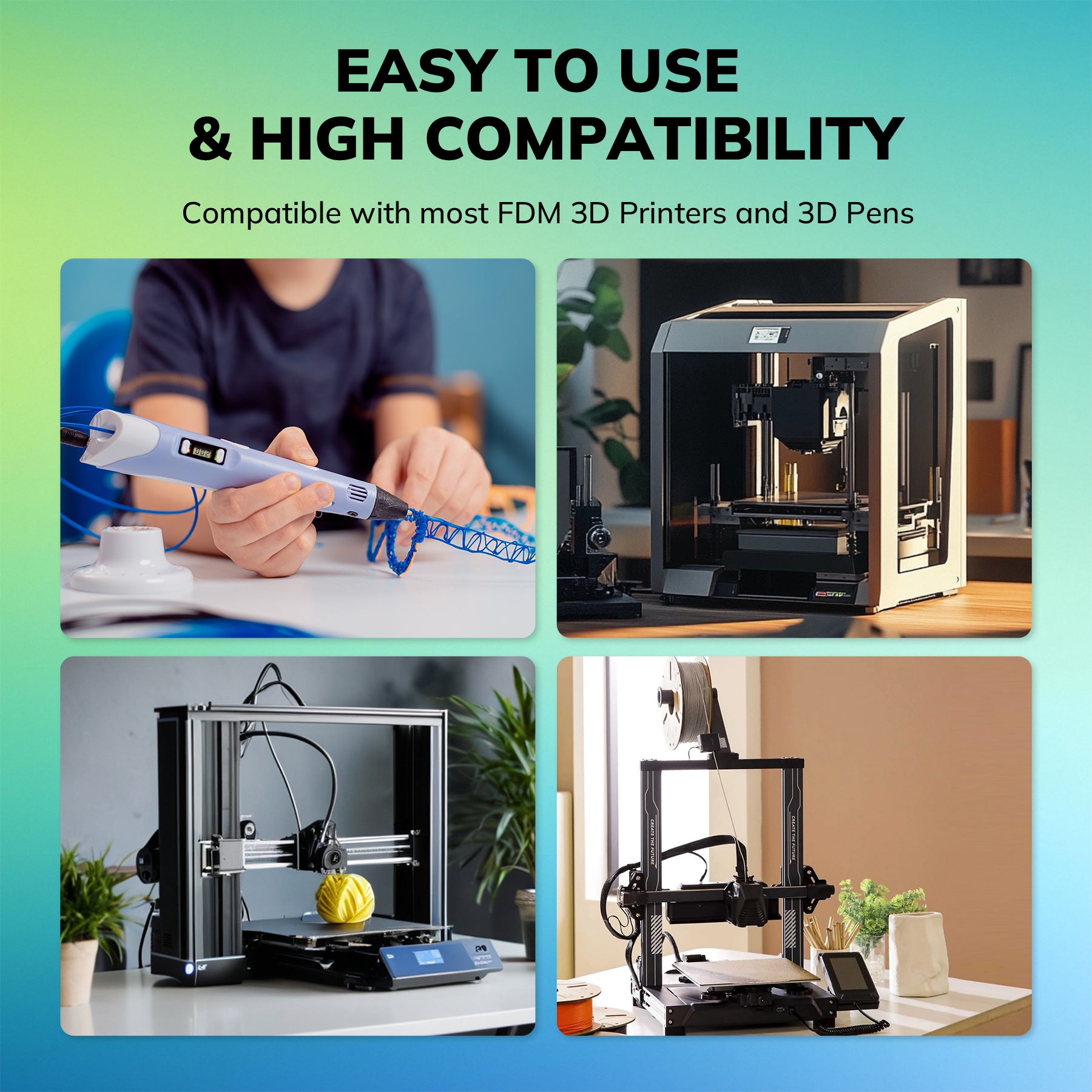 Easy to use and high compatibility with Amolen PLA filament. Showcasing various FDM 3D printers and 3D pens.