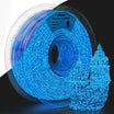 Amolen PLA Glow in the Dark Firefly Blue filament spool and 3D-printed castle showcasing glowing properties.