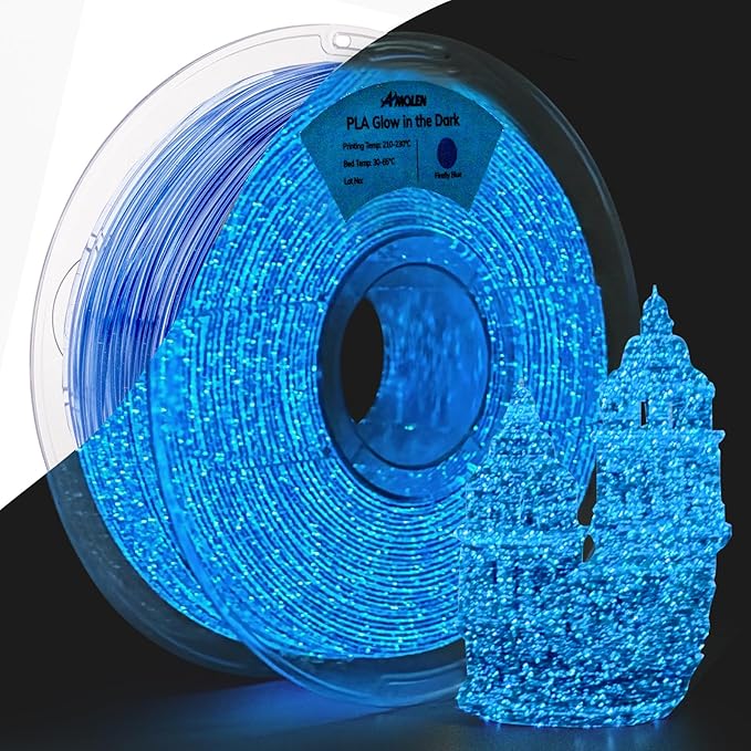 Amolen PLA Glow in the Dark Firefly Blue filament spool and 3D-printed castle showcasing glowing properties.