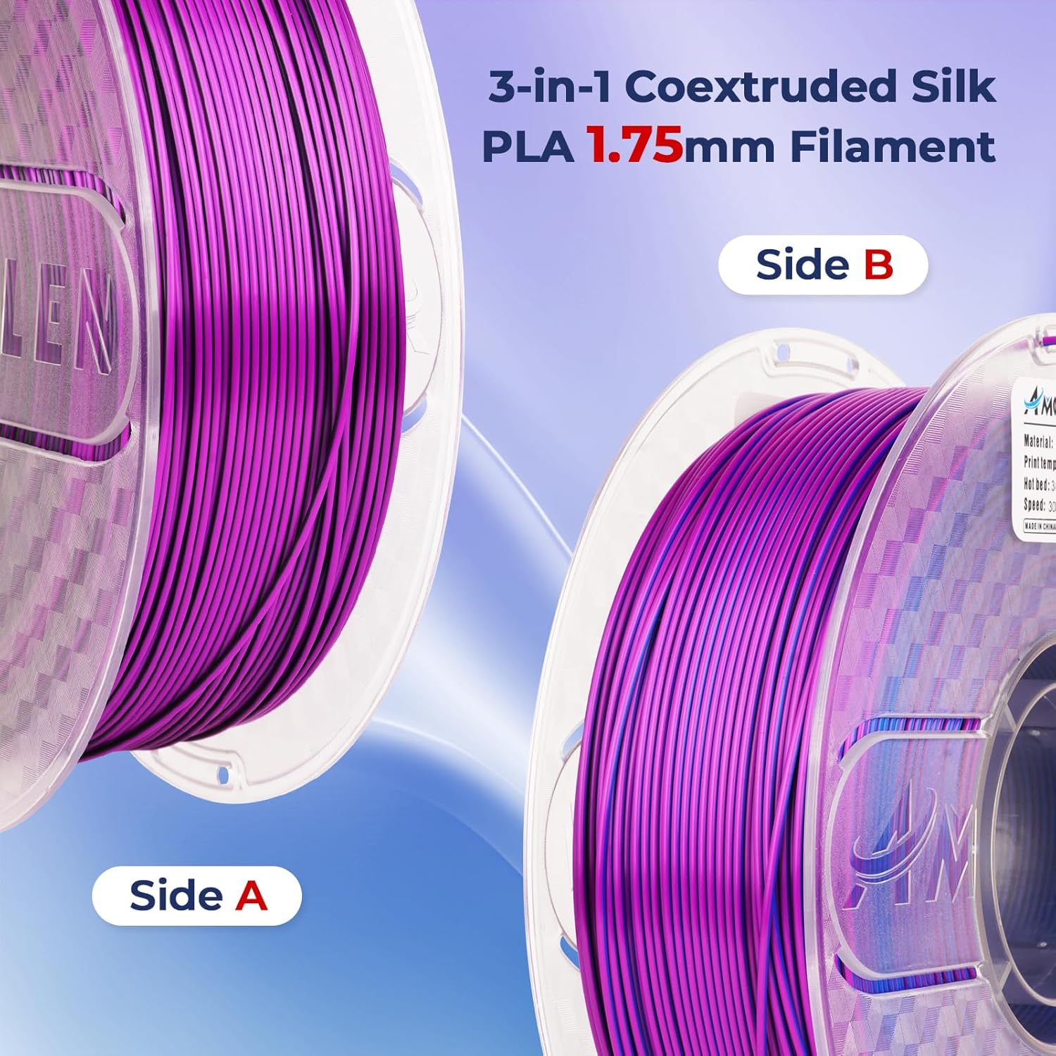 Amolen 3-in-1 Coextruded Silk PLA Filament in purple, 1.75mm, perfect for 3D printing projects.