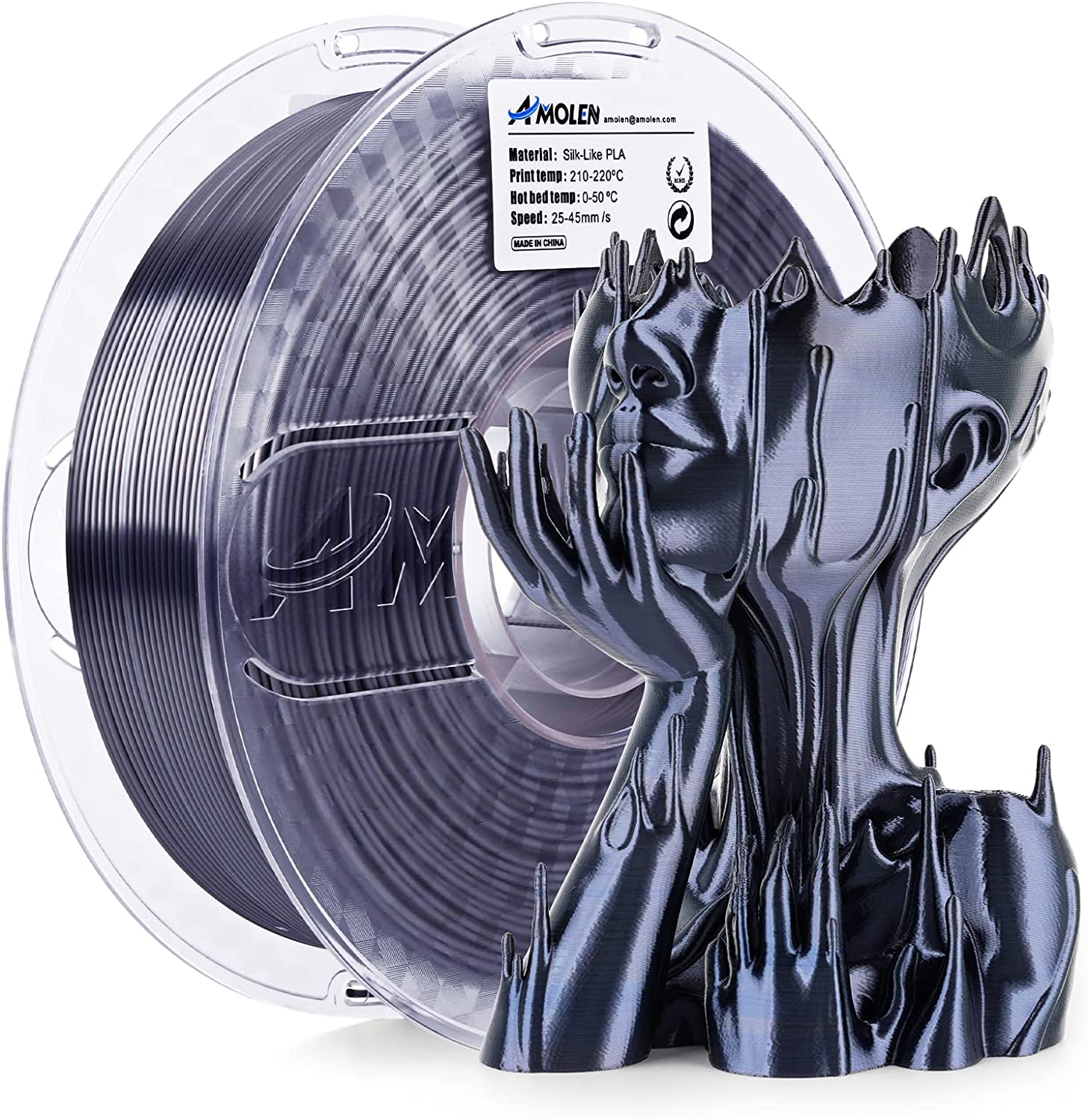 Amolen Silk-Like PLA silver filament with a 3D printed sculpture, shiny finish. For high-speed 3D printing.