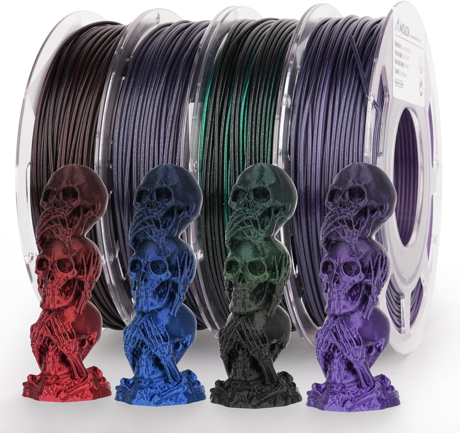 Amolen PLA Silk Shiny Gradient filament variety pack with 3D printed skull models in various colors. 1.75mm filament
