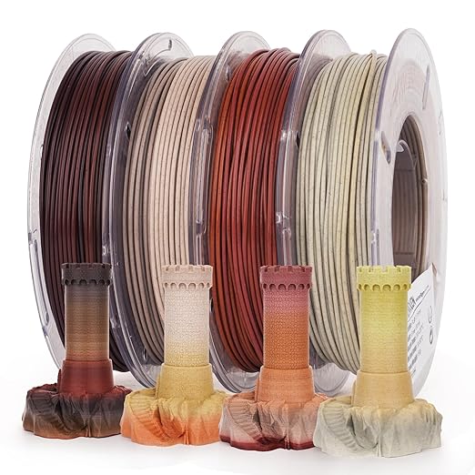 Amolen PLA Marble Filament Variety Pack with 3D printed tower samples, highlighting marble texture and diverse colors.