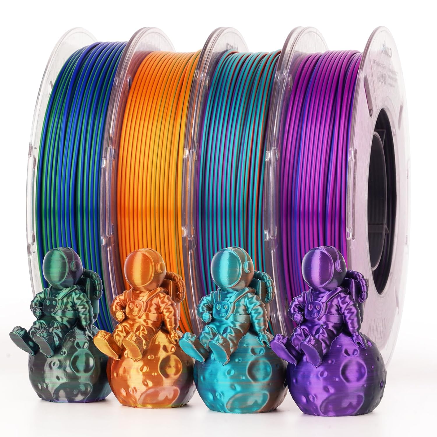 Amolen PLA Silk Triple Color filament spools with astronaut 3D prints, vibrant colors for 3D printing projects.